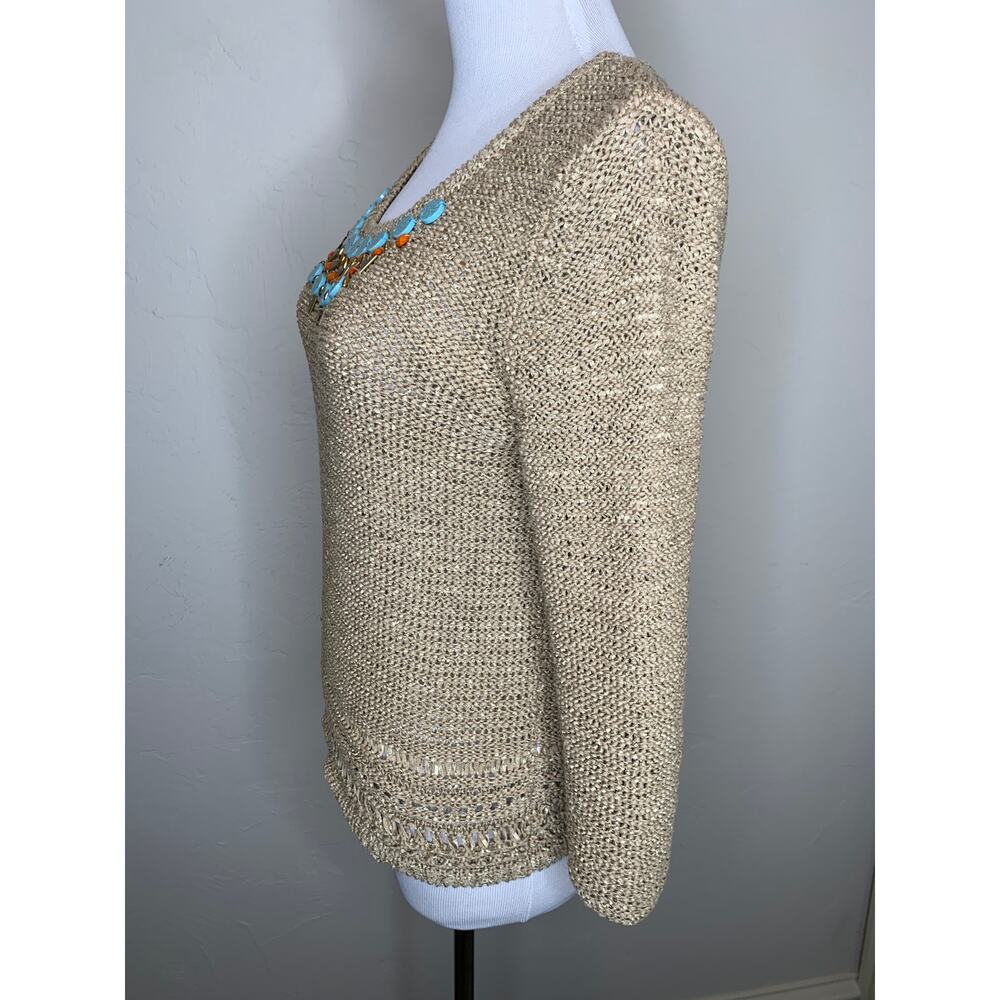 Gold Beaded Sweater Size Small Petite Turquoise Gold Rust Beads Western - Picture 3 of 8